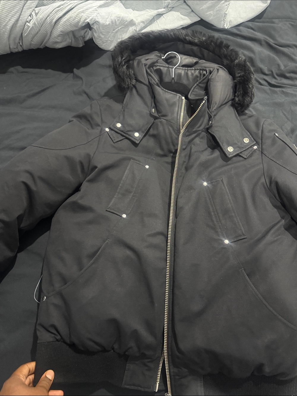 Moose Knuckles Men's Black Hooded Puffer with Fur Trim